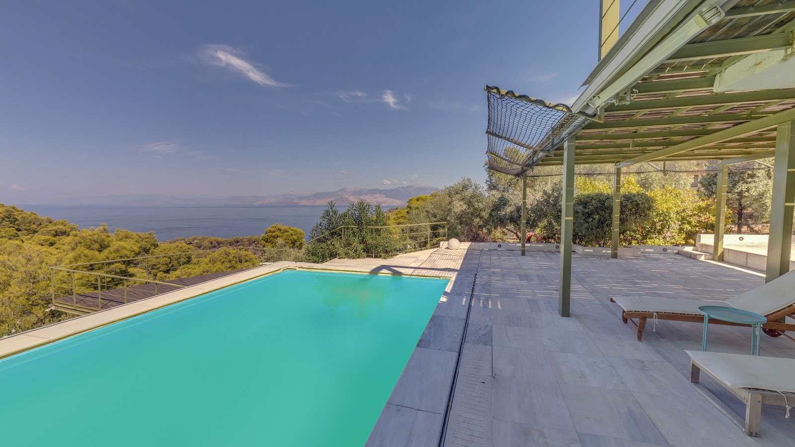 The pool and deck of Villa Mylokopi overlooking the sea