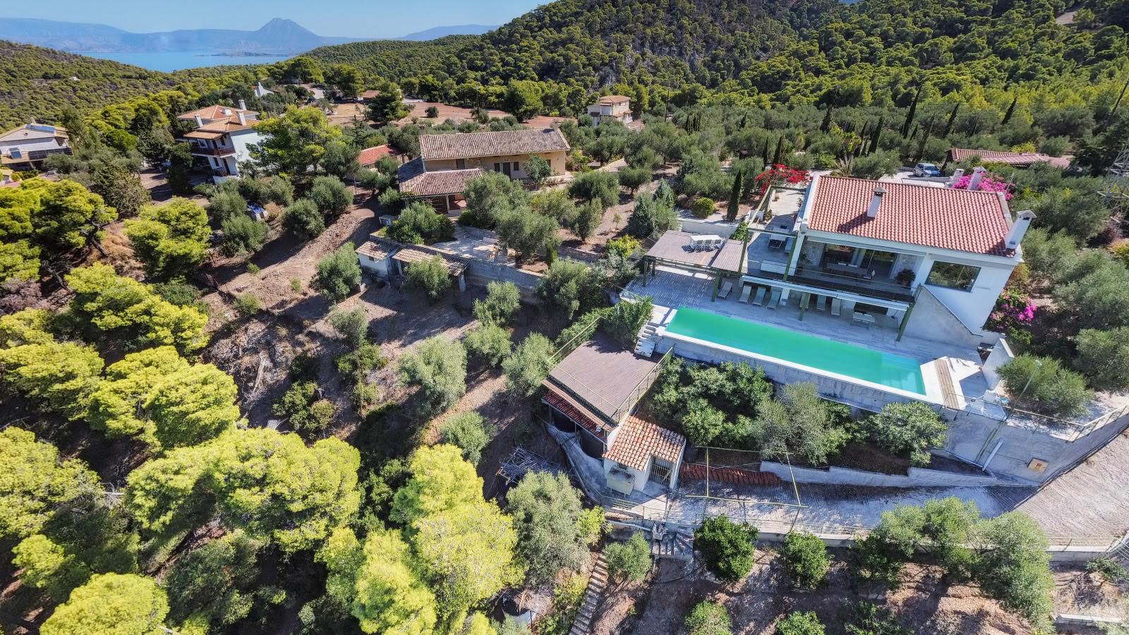 Villa Mylokopi and its pool from above, with the pine forest and the sea in the background